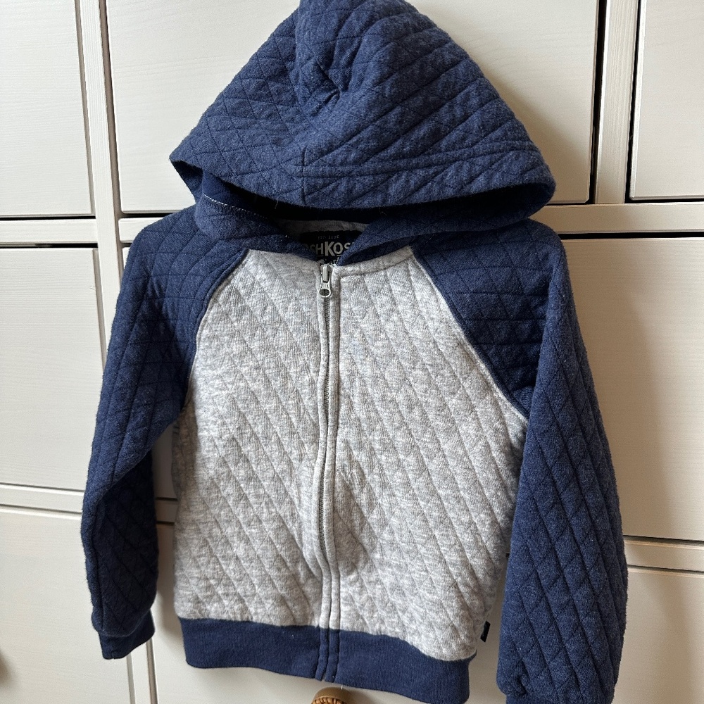 Osh Kosh Toddler Boy Fall Jacket Hoodie Zip Up Quilted Gray Navy Size 2T